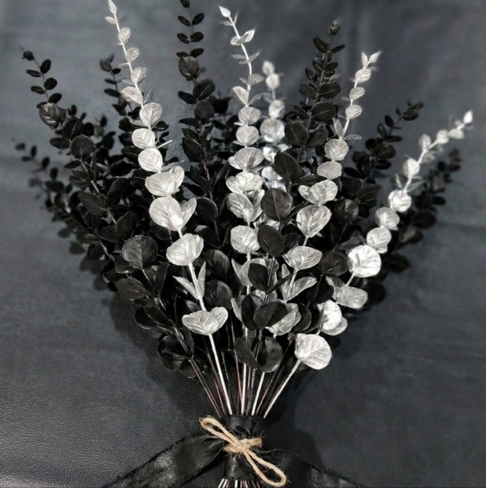 Set of 15 Faux Eucalyptus Stems - 10 Black & 5 Silver - 15" Tall Modern Decor